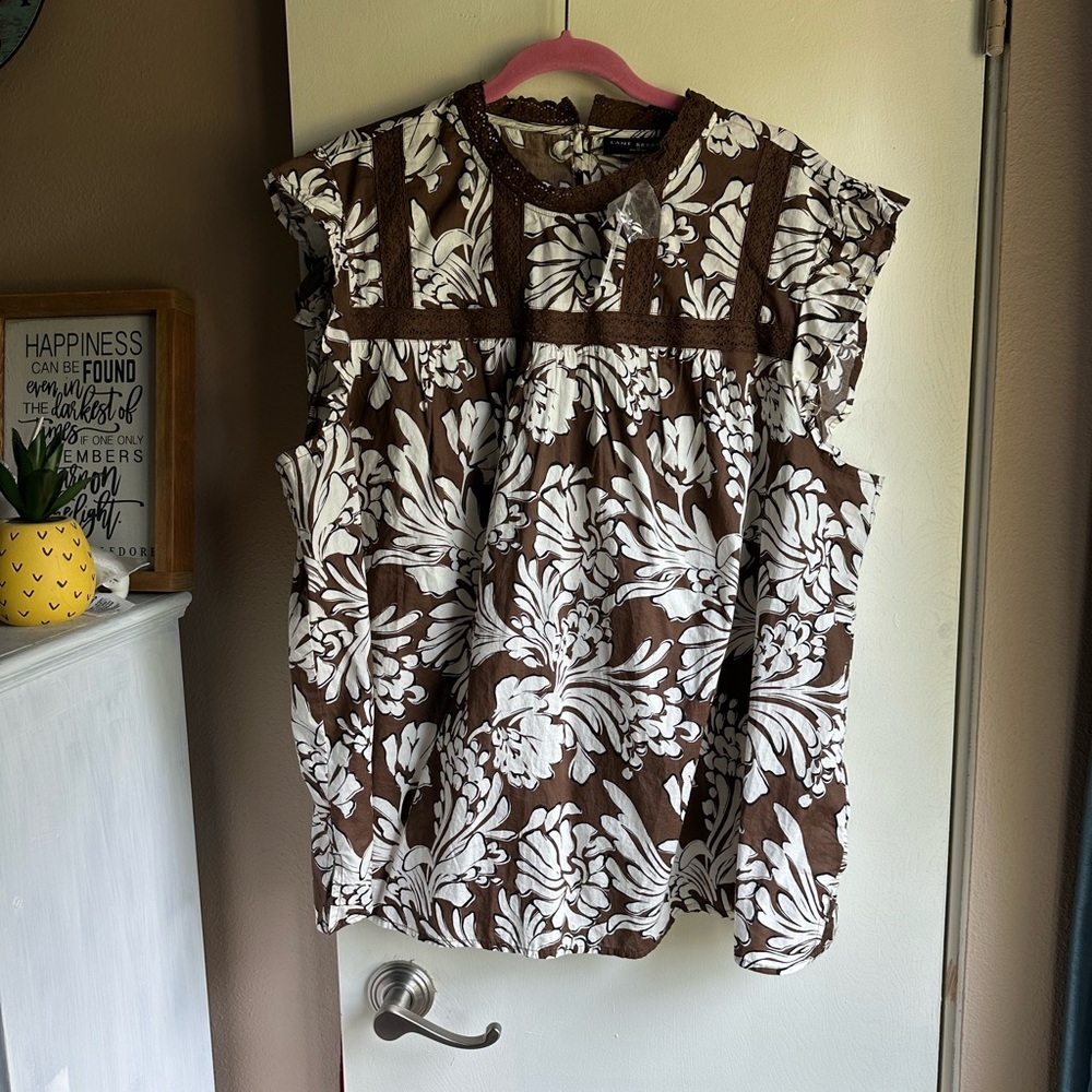 Lane Bryant Brown and White Sleeveless Ruffled Blouse